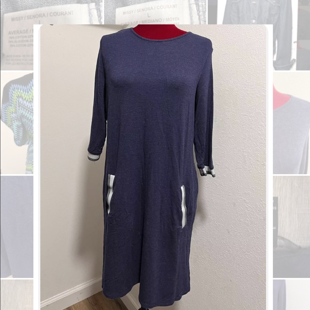 Robert Louis Sz L Navy Blue T Shirt Shift Dress Pockets 3/4 Sleeves